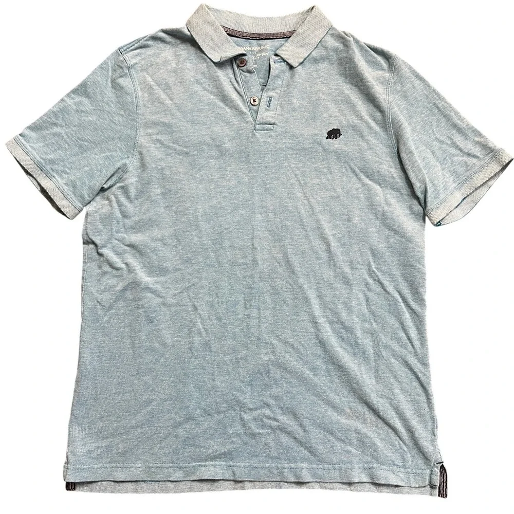 Banana Republic Mens L Blue Short‎ Sleeve Polo Shirt Embroidered Bear Logo